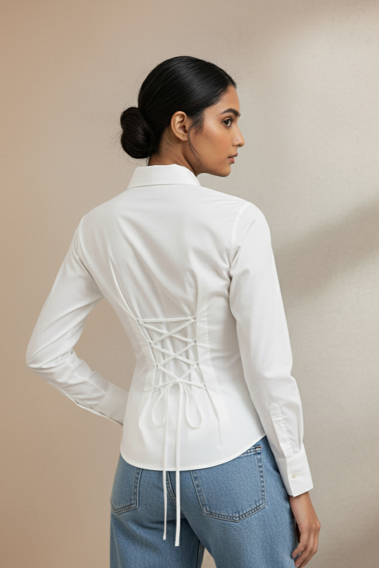 White LaceBack Fitted Corset Shirt By Formals