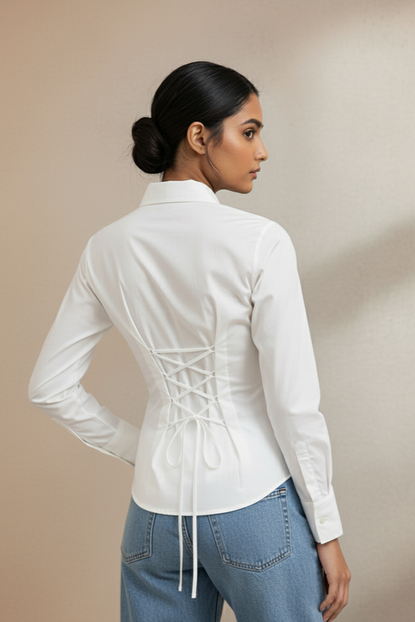 White LaceBack Fitted Corset Shirt By Formals