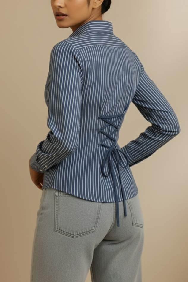 Dark Blue Pinstripe Fitted Corset Shirt by Formals