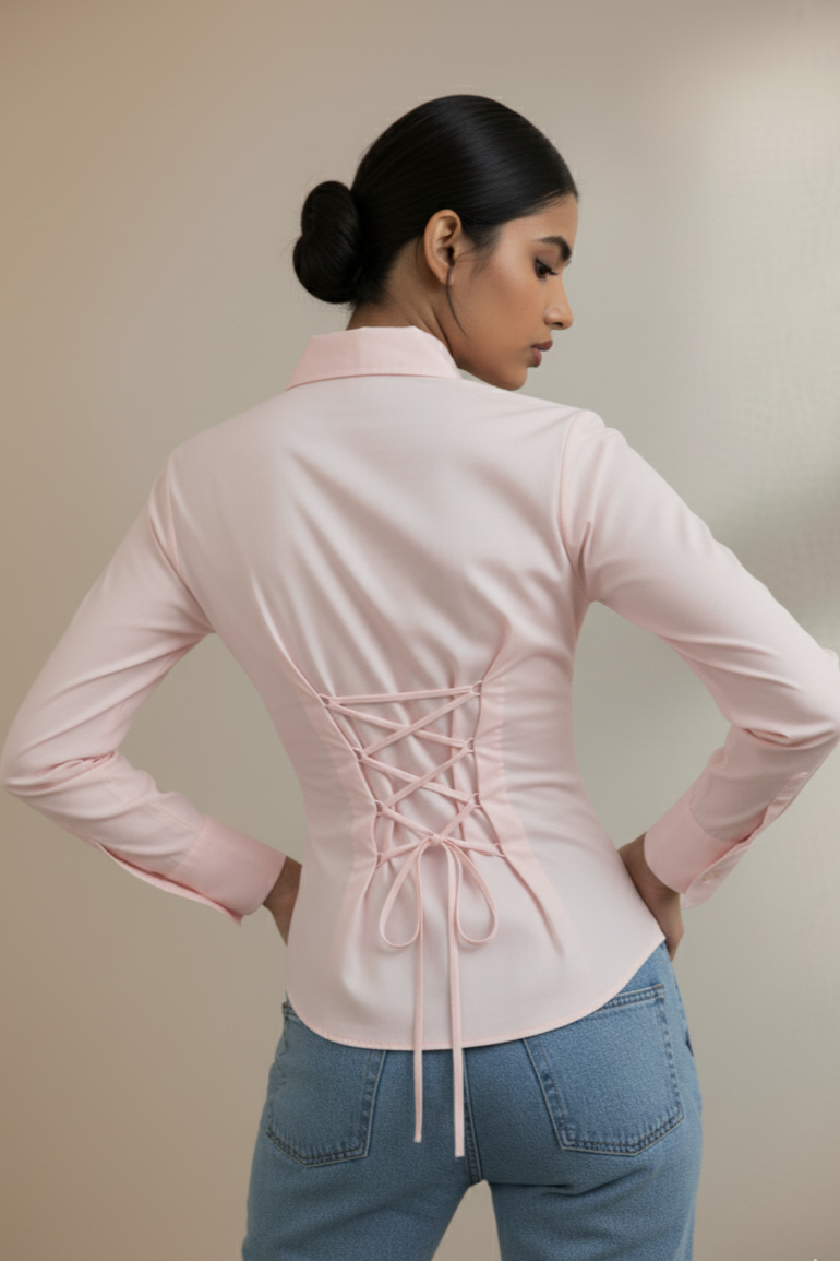 Soft Pink Elegance Fitted Corset Shirt By FORMALS