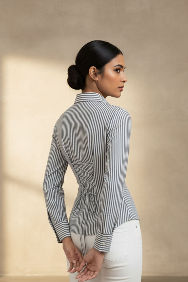 Everyday Grey Stripe Fitted Corset Shirt by Formals