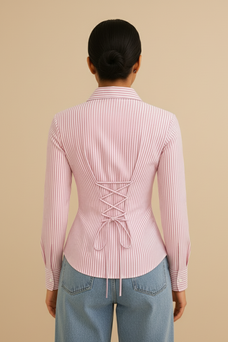 Pink Stripe Twist Fitted Corset Shirt by Formals