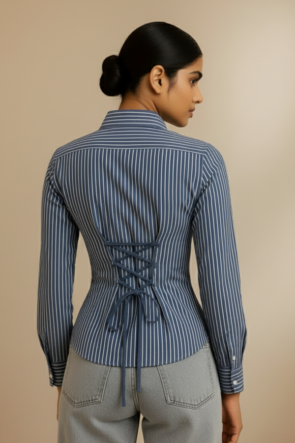 Dark Blue Pinstripe Fitted Corset Shirt by Formals