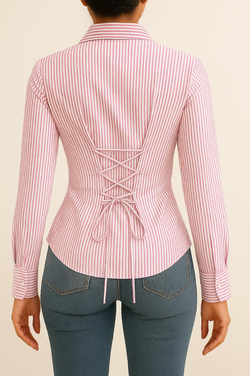 Pink Stripe Twist Fitted Corset Shirt by Formals