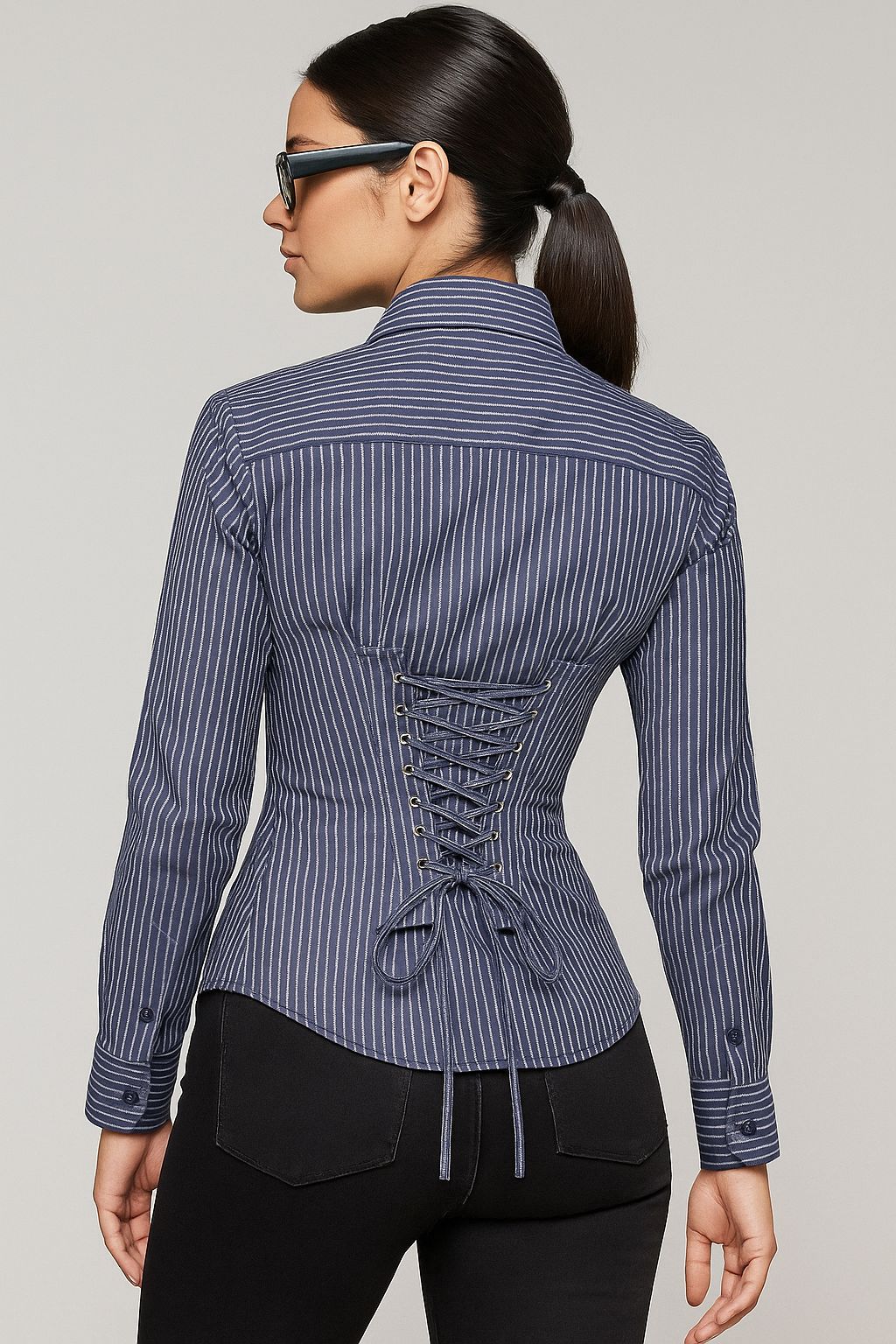 Dark Blue Pinstripe Fitted Corset Shirt by Formals