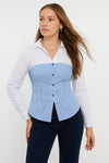 White & Blue Stripe Two-Tone Laceback Fitted Corset Shirt