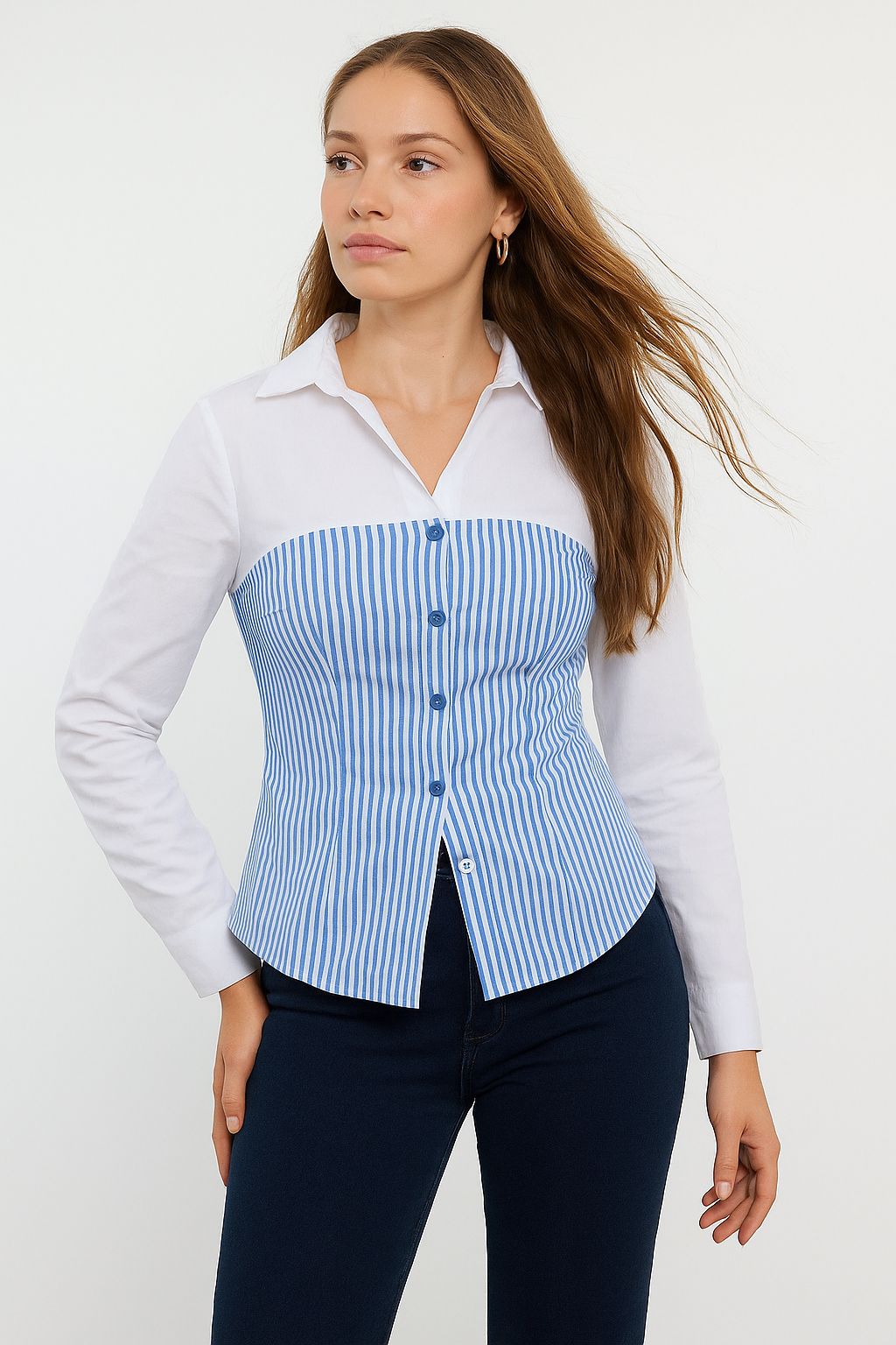 White & Blue Stripe Two-Tone Laceback Fitted Corset Shirt