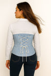 White & Blue Stripe Two-Tone Laceback Fitted Corset Shirt