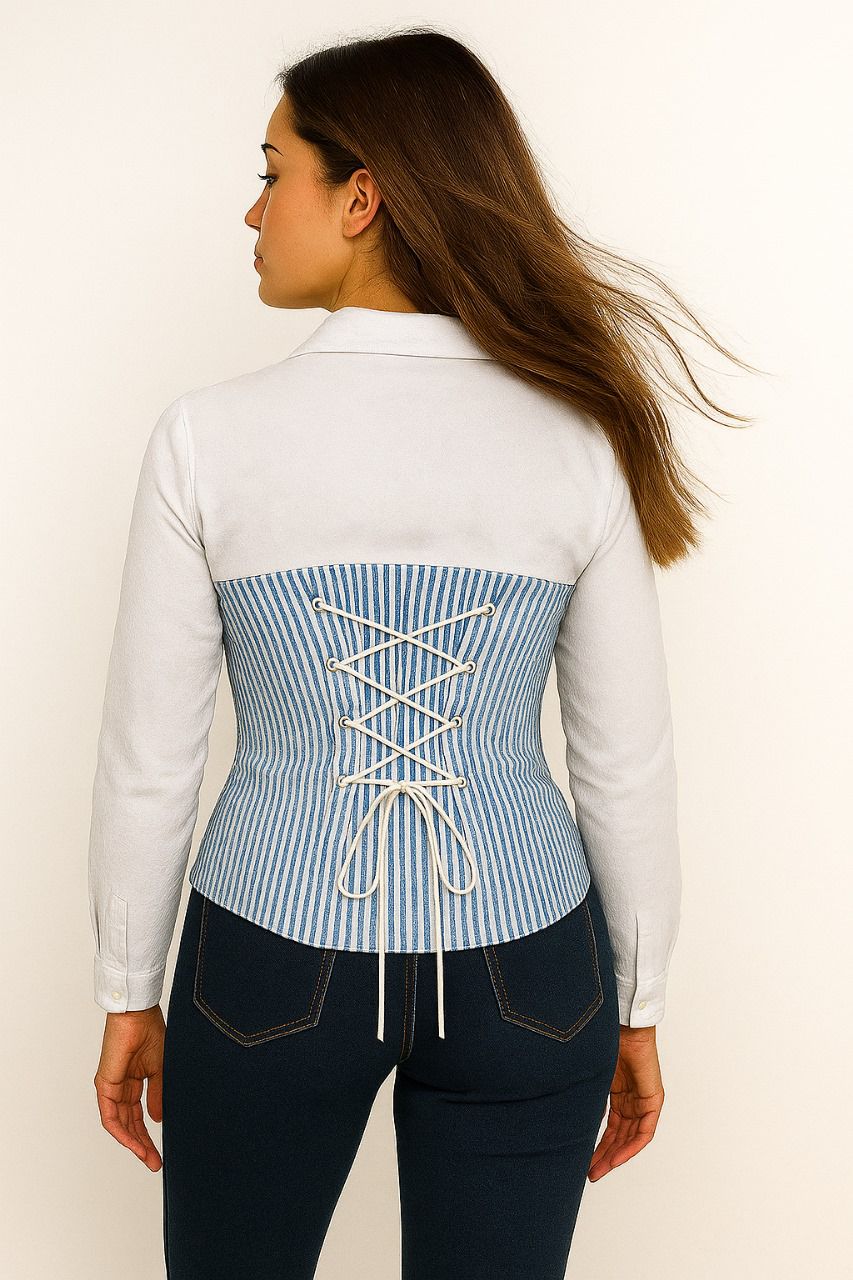 White & Blue Stripe Two-Tone Laceback Fitted Corset Shirt