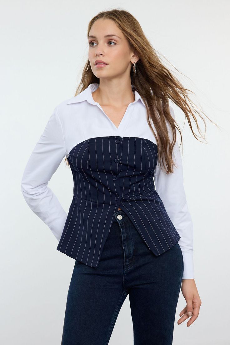 White & black Stripe Two-Tone Laceback Fitted Corset Shirt