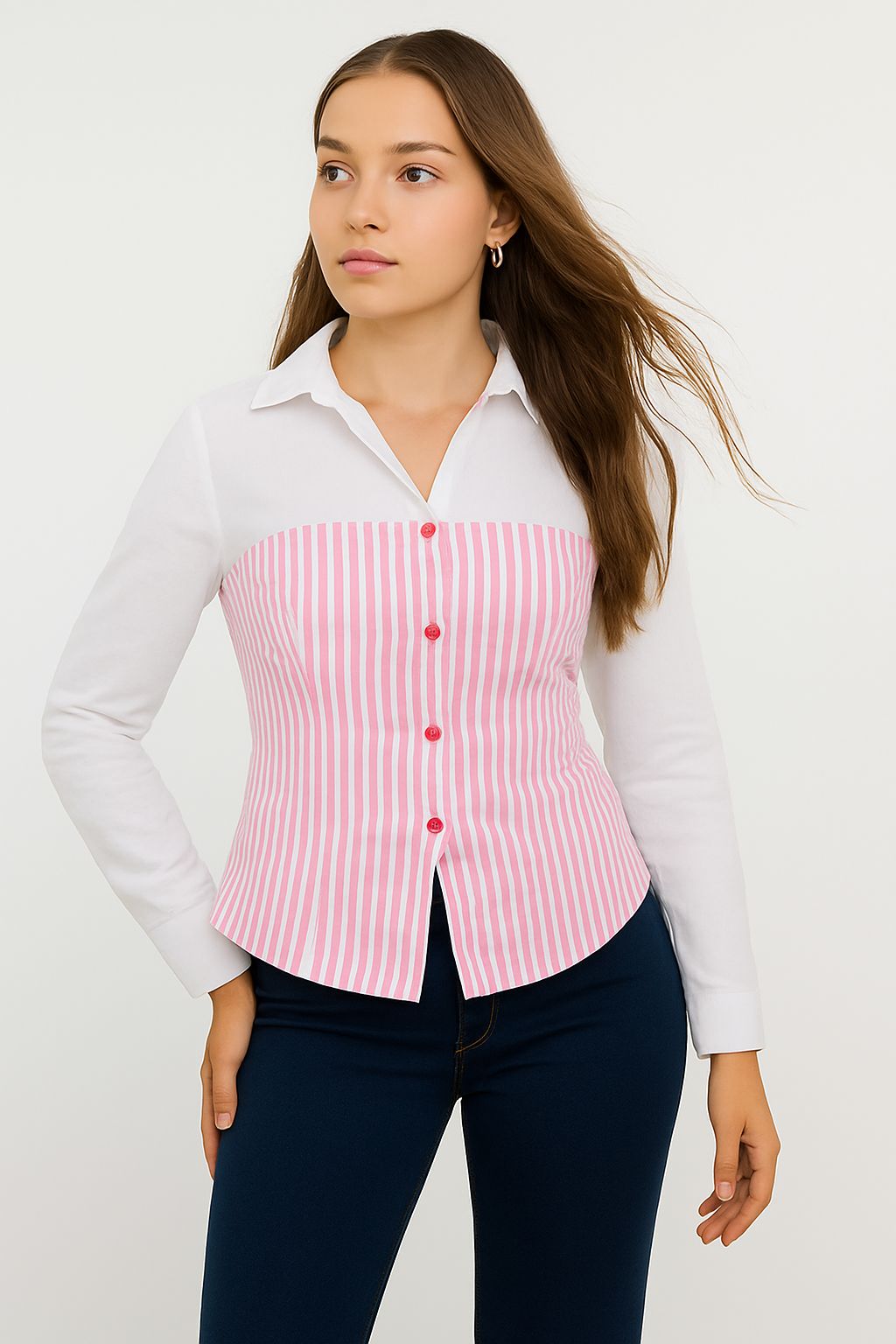 White & Pink Stripe Two-Tone Laceback Fitted Corset Shirt